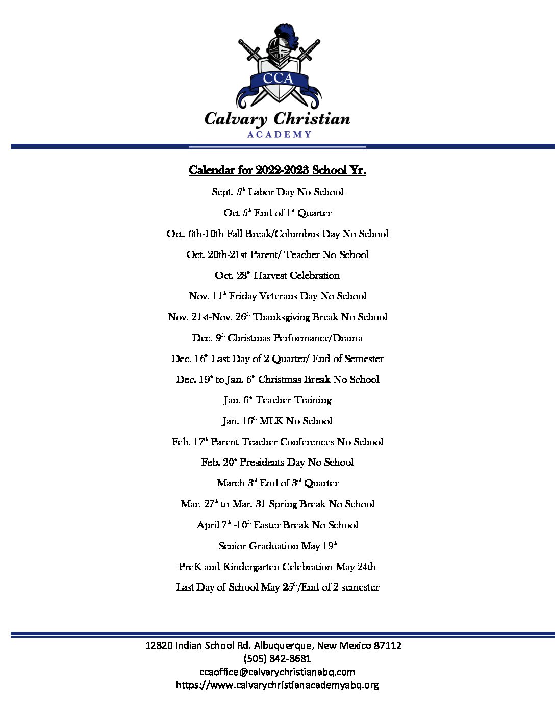 Calendar Calvary Christian Academy Albuquerque Private School